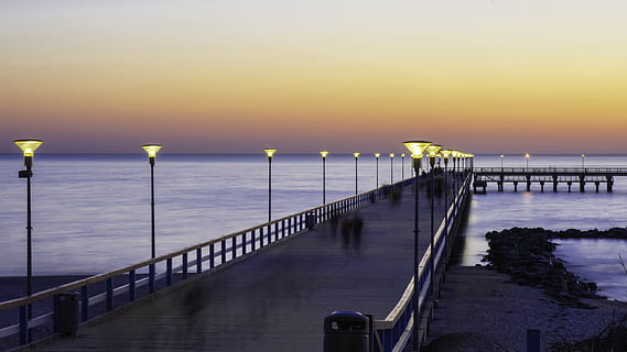 sunset, bridge, sea, sunset sky, water, baltic sea, lithuania HD wallpaper
