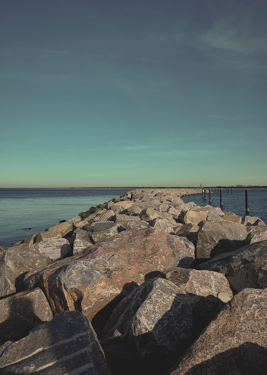 stone, sky, water, nature, beach, ocean, clouds, landscape HD wallpaper