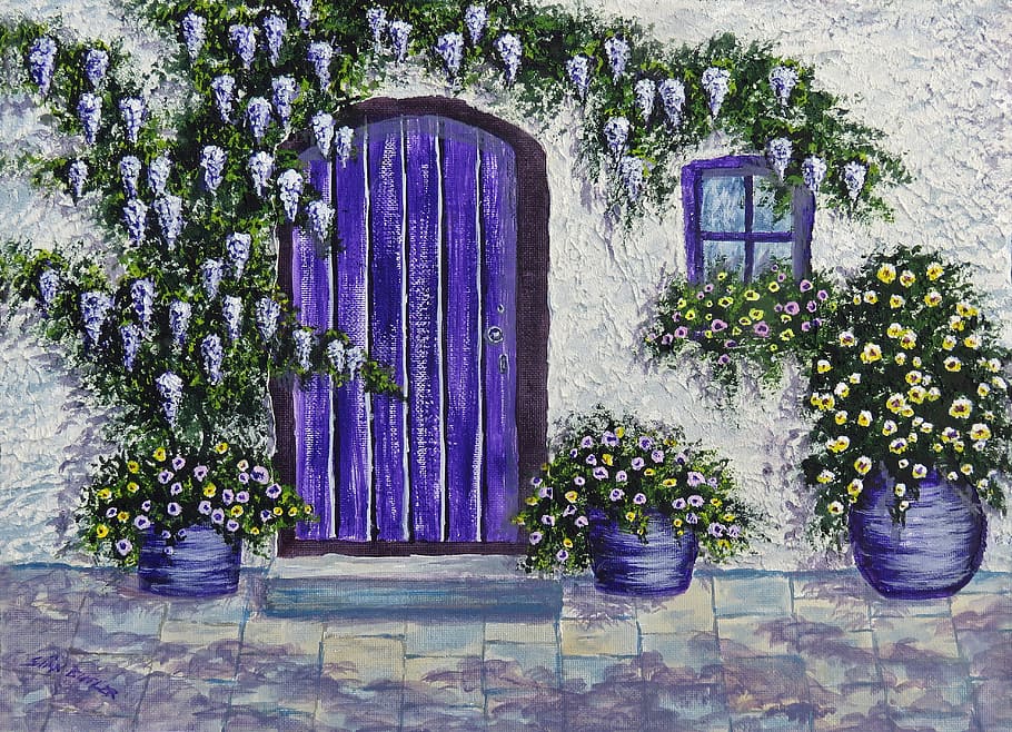white house with purple door painting, building, art, design HD wallpaper