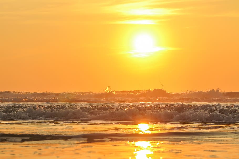 beach, wind, sea, sunset, landscape, clouds, nature, vacations HD wallpaper