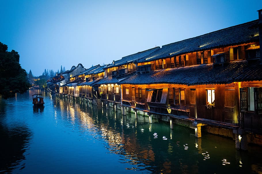 china, wuzhen, winter, ship, night view, reflection, water, HD wallpaper