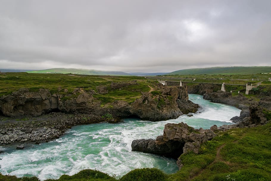 river, flow, blue, landscape, water, nature, waters, iceland HD wallpaper