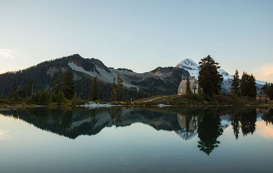 panoramic photography of mountain near lake during daytime, water HD wallpaper
