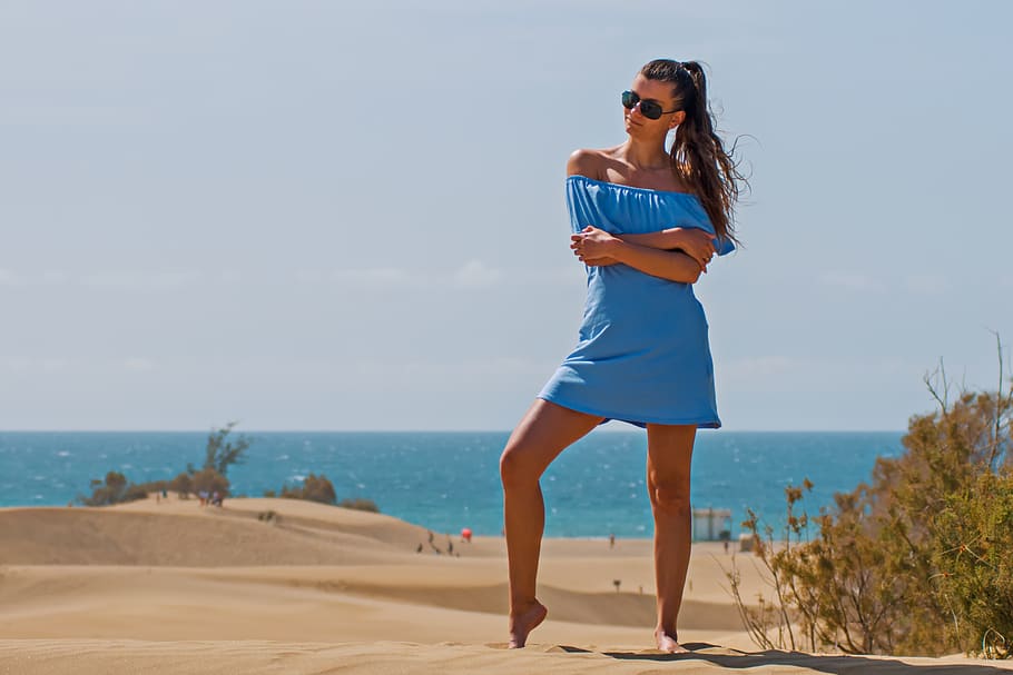Woman Standing on Sand, beach, enjoyment, female, horizon, hot