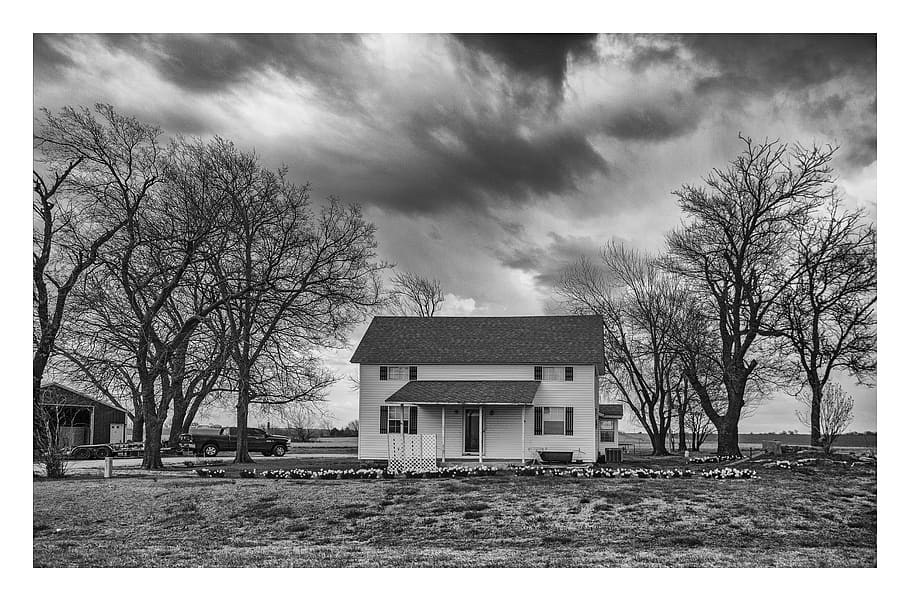 trees, ranch, clouds, oklahoma, route66, bandw, architecture HD wallpaper
