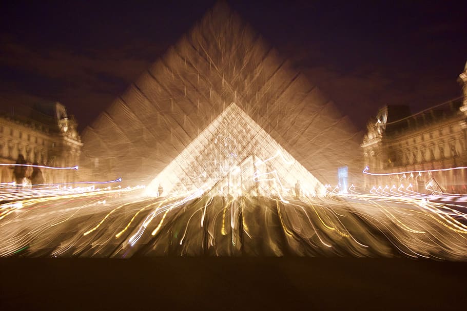 louvre, paris, light, pyramide, night, motion, illuminated HD wallpaper