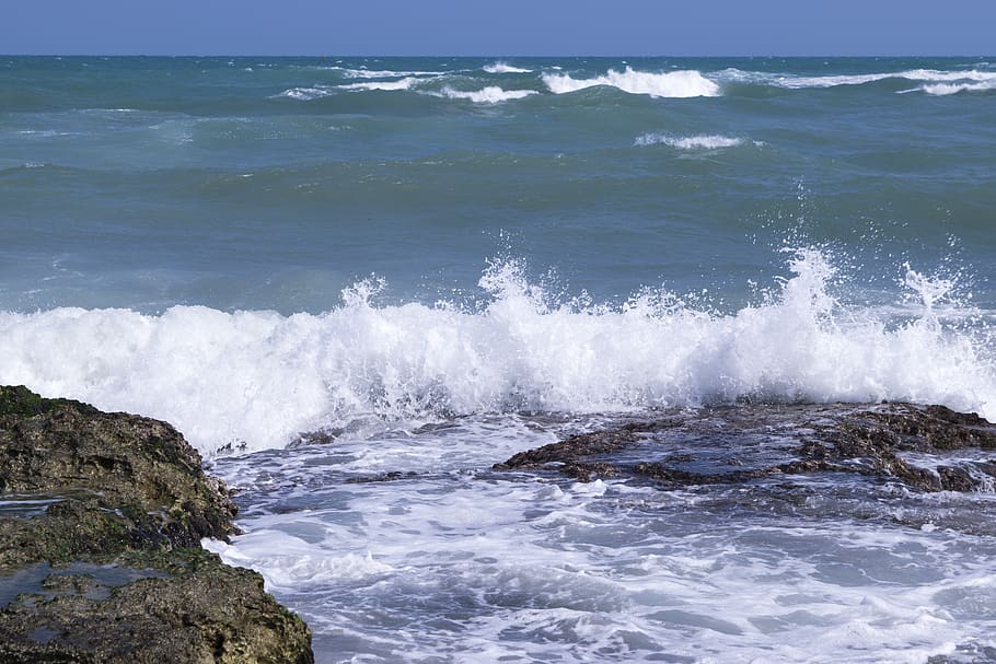 sea, waves, rocks, storm, wind, nature, sand, italy, puglia, HD wallpaper