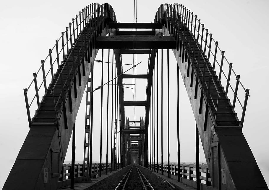 grayscale photography bridge, handrail, banister, building, railing HD wallpaper