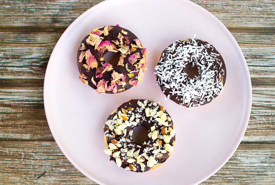 three doughnuts on white ceramic plate, food and drink, table HD wallpaper