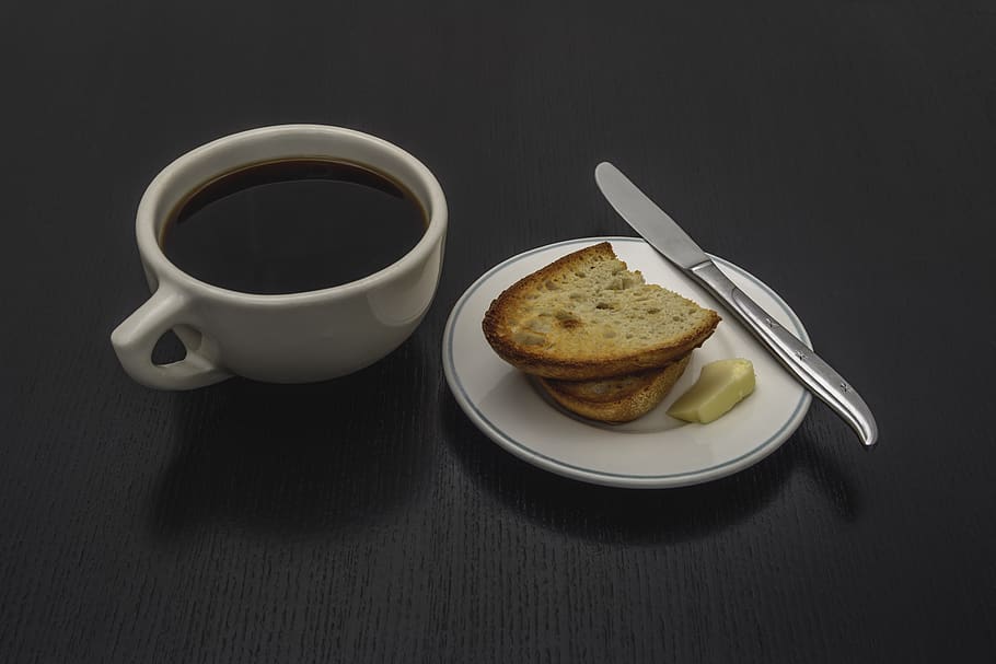 breakfast, coffee, black, white, toast, morning, food and drink HD wallpaper