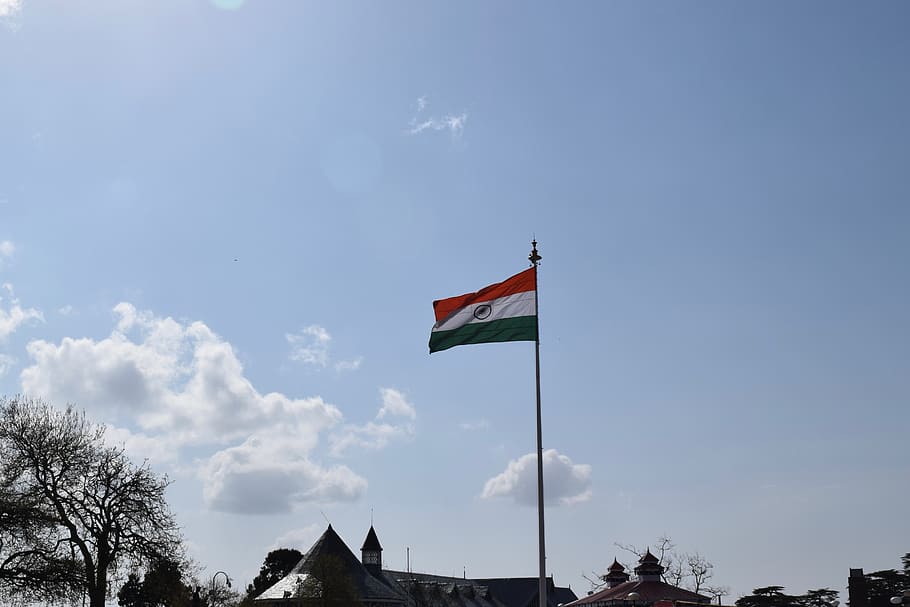 india, shimla, flag, sky, tricolour, patriotism, low angle view