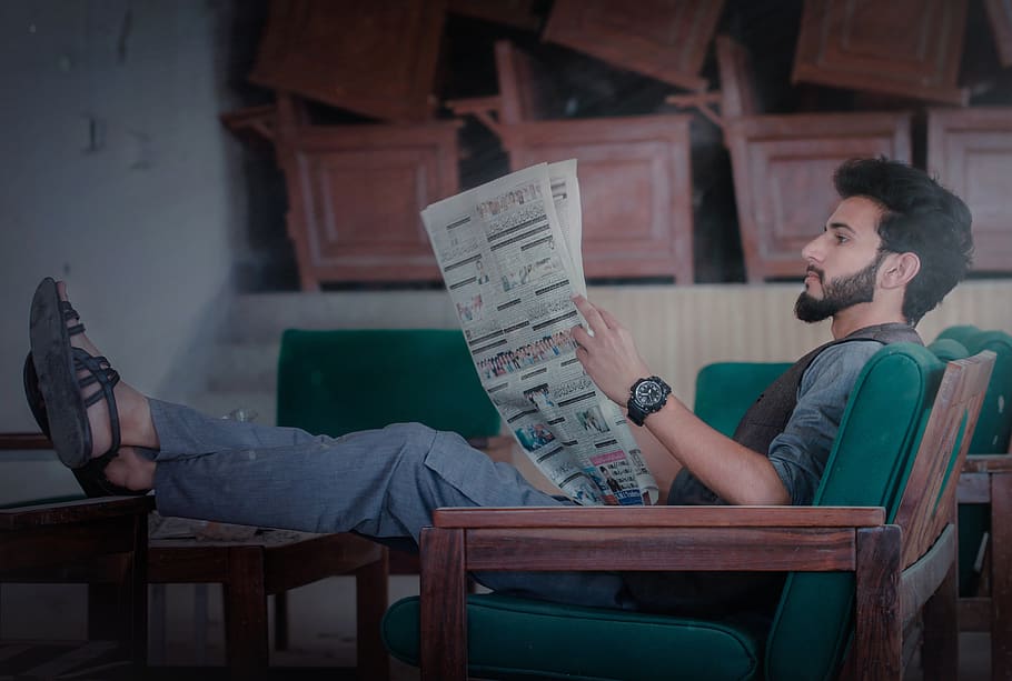 indoors, man, lifestyle, young, portrait, newspaper, reading, HD wallpaper