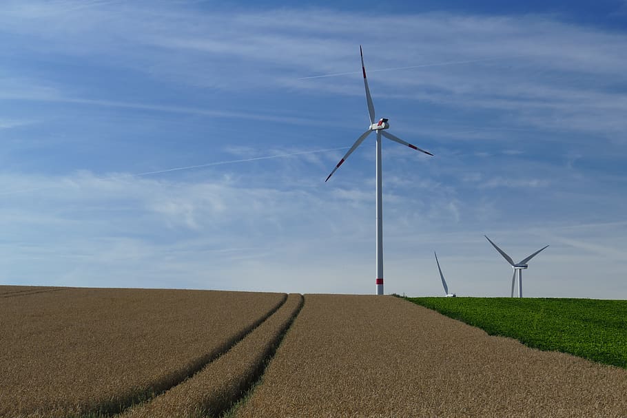 White Windmills, energy, farm, field, grass, landscape, sky, wind turbines HD wallpaper