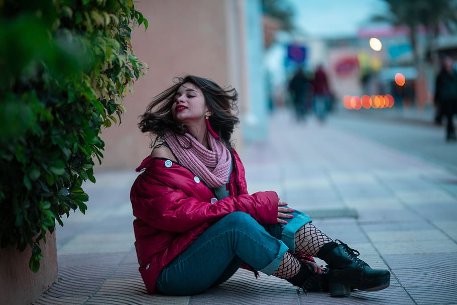 Woman Sitting on Gray Road, beautiful, beauty, blurred background, HD wallpaper