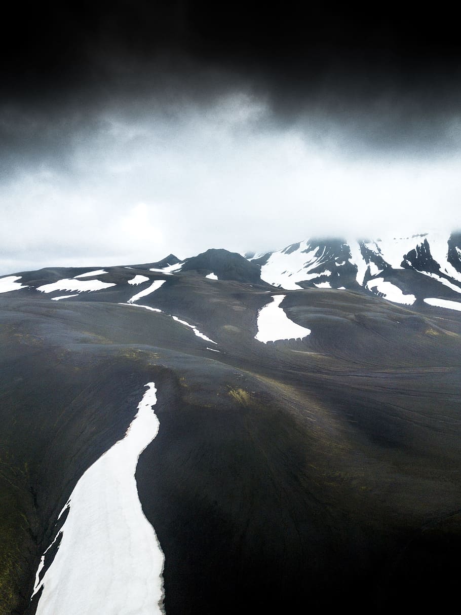 snow capped mountain under dark clouds, winter, cold, landscape HD wallpaper