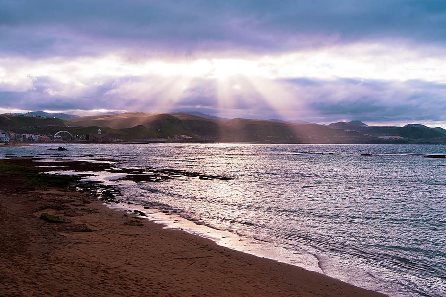 sunset, sea, sky, water, ocean, beach, clouds, evening, dusk HD wallpaper
