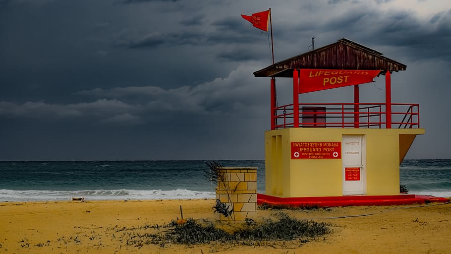 beach, empty, lifeguard tower, post, sea, sand, nature, sky HD wallpaper