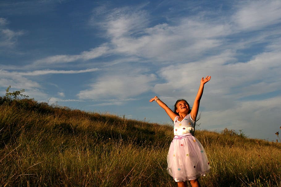 girl, pose, human, activity, hands, arm, happiness, sky, grass HD wallpaper