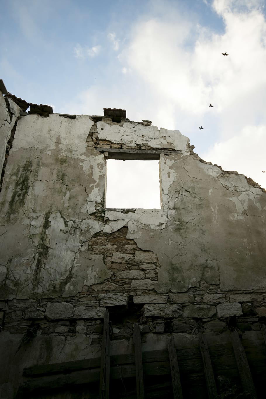 ruins, house, window, fallen, open plan, birds, sky, winter HD wallpaper