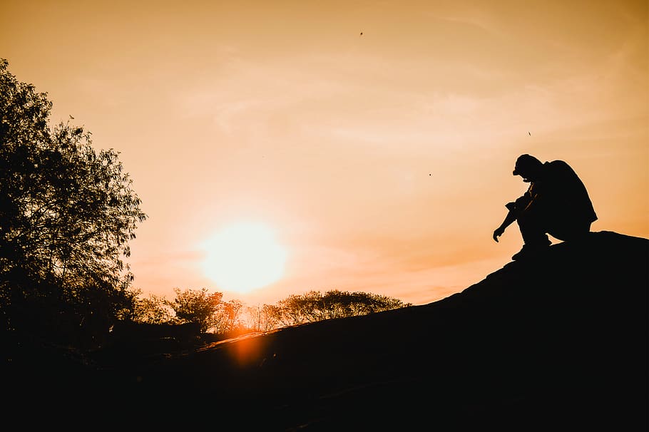 mountain, trees, sundown, man, sunset, sky, silhouette, one person HD wallpaper