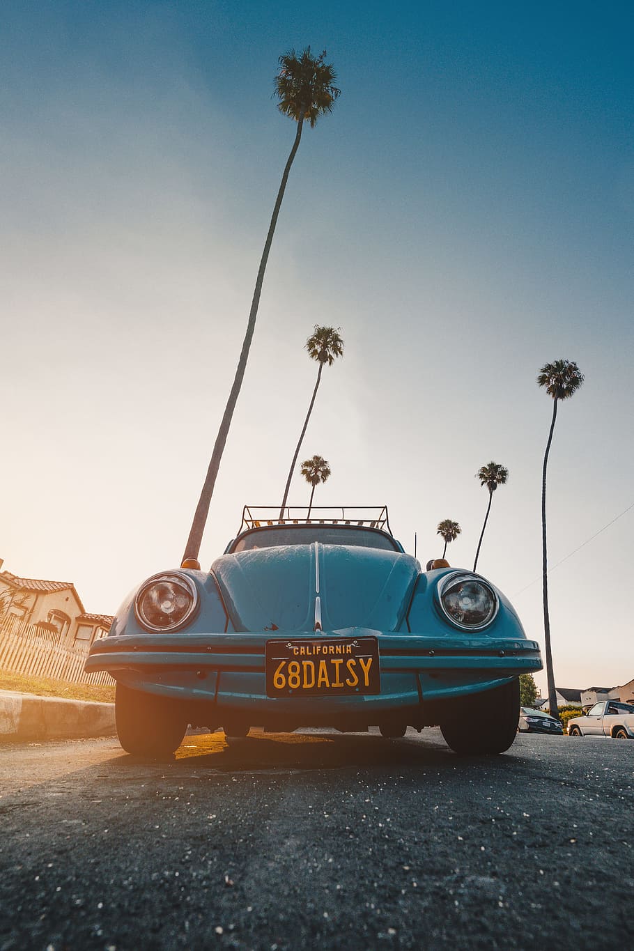 blue Volkswagen Beetle coupe, car, license plate, flare, sunlight, HD wallpaper