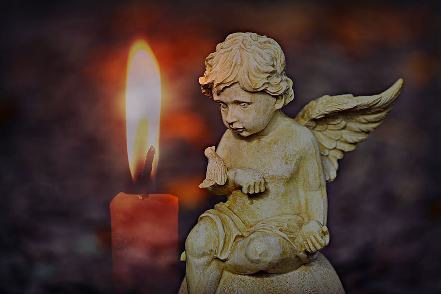 angel, cherub, celestial, flame, candle, divine, statuette, HD wallpaper