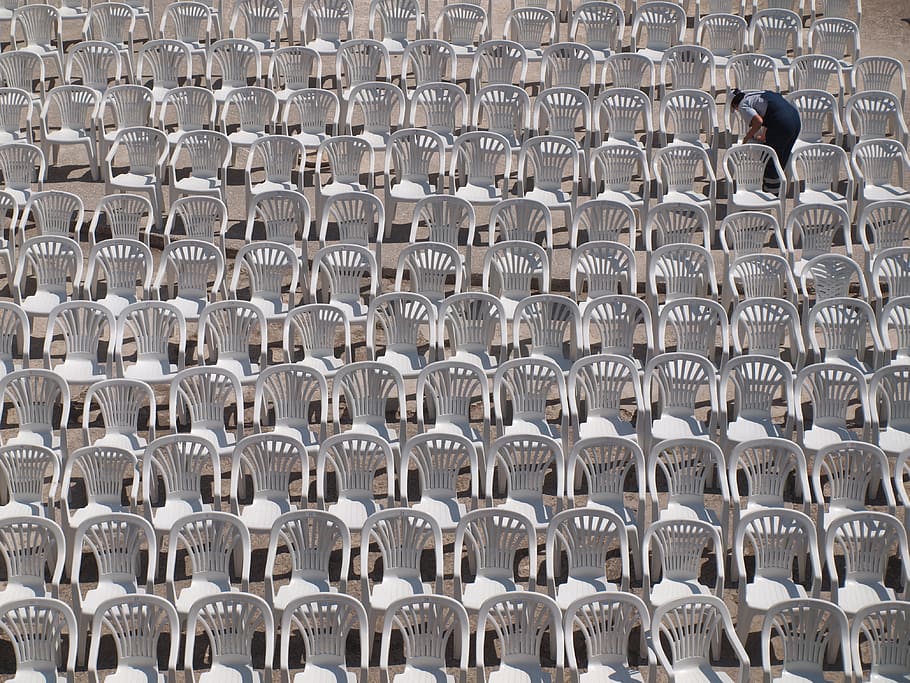 chairs, white, audience, cleaning, outdoor stage, blank, in a row HD wallpaper