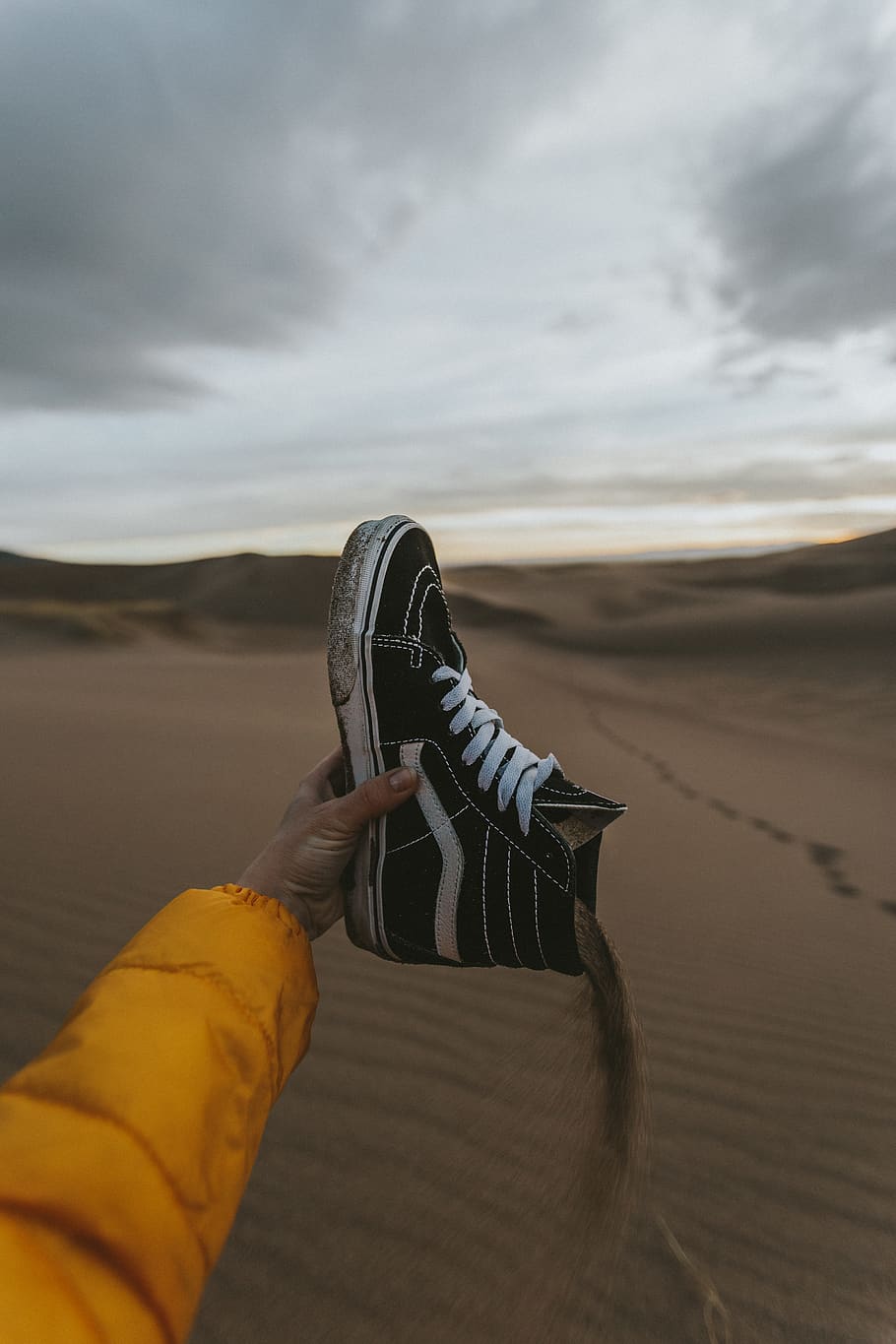 black Vans high-top shoe, cloud - sky, land, one person, nature HD wallpaper