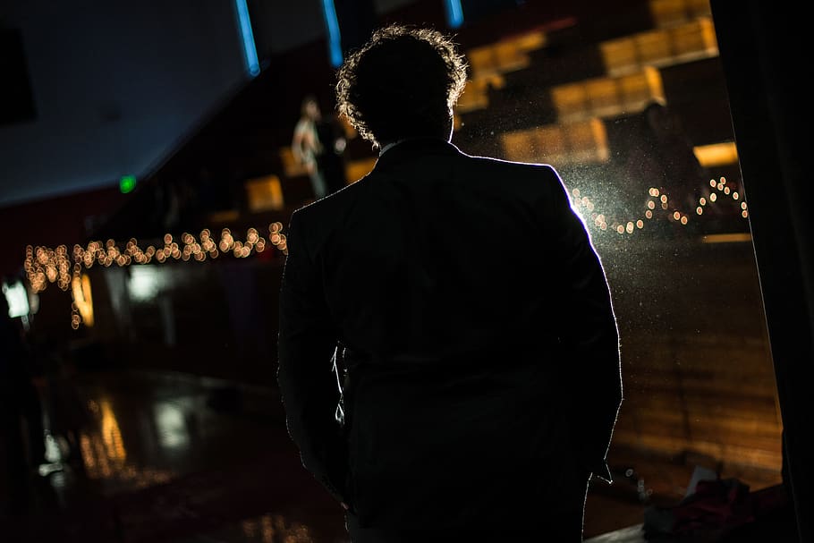 silhouette, lights, bokeh, stage, suite, spotlight, rear view HD wallpaper