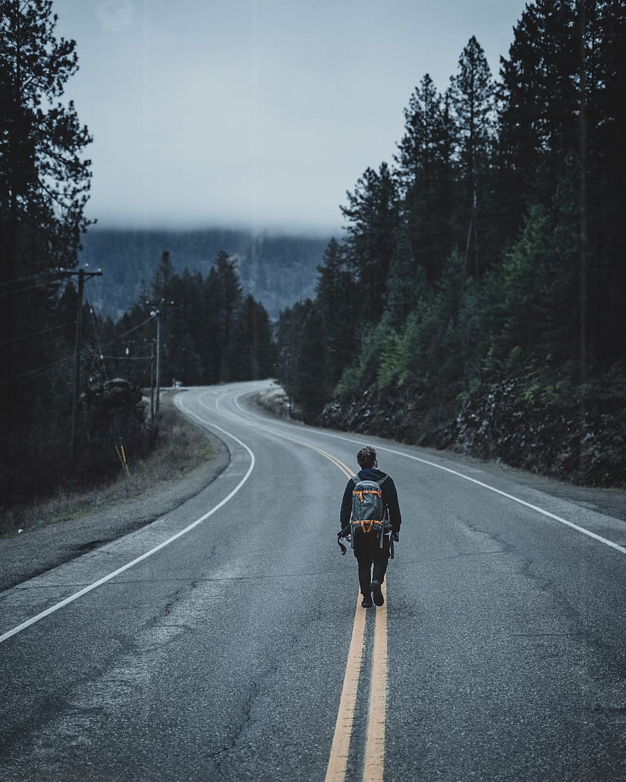 man walking on road, direction, transportation, road marking HD wallpaper