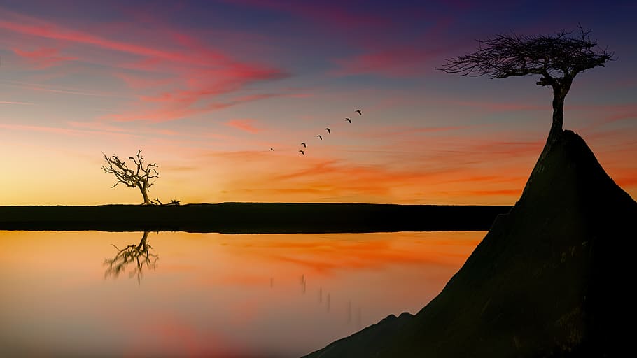 lake, sunset, trees, rock, sky, afterglow, water, evening, nature HD wallpaper
