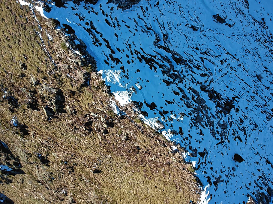 mountain, snow, sun, drone view, water, nature, high angle view HD wallpaper