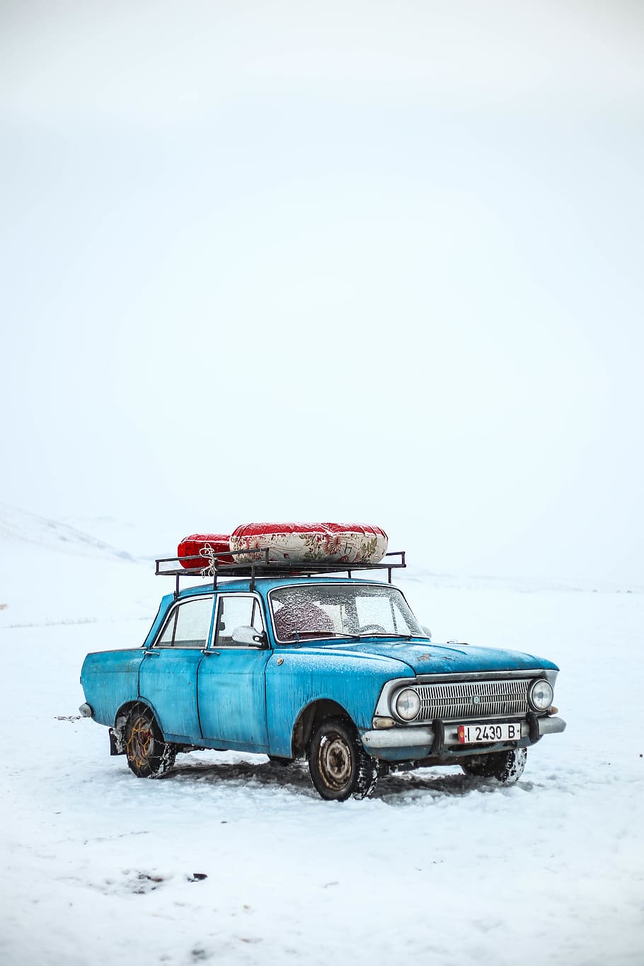 Blue Box-type Sedan, auto, automobile, car, cold, daylight, frost
