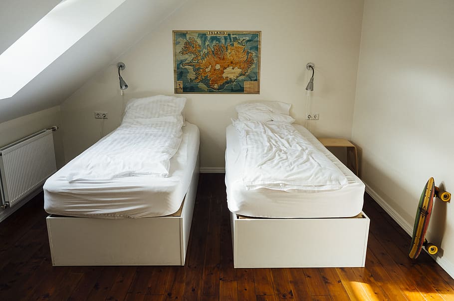 room, beds, covers, sheets, pillows, hardwood, floors, skateboard