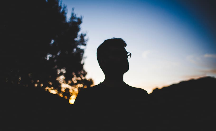 tree, dark, people, man alone, silhouette, blue, sky, bokeh HD wallpaper