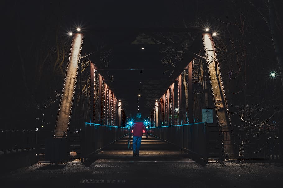 Person Walking in Bridge during Nighttime, architecture, asphalt HD wallpaper