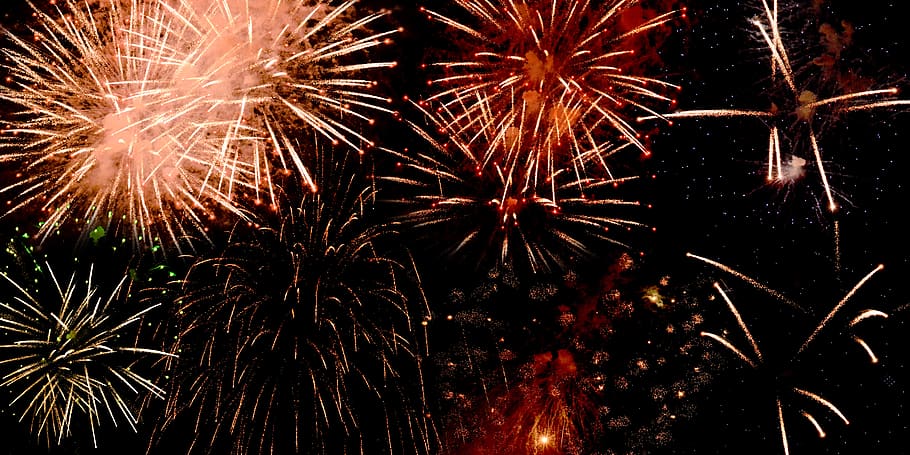 fireworks, night, celebration, rocket, sky, dark, black, composing HD wallpaper