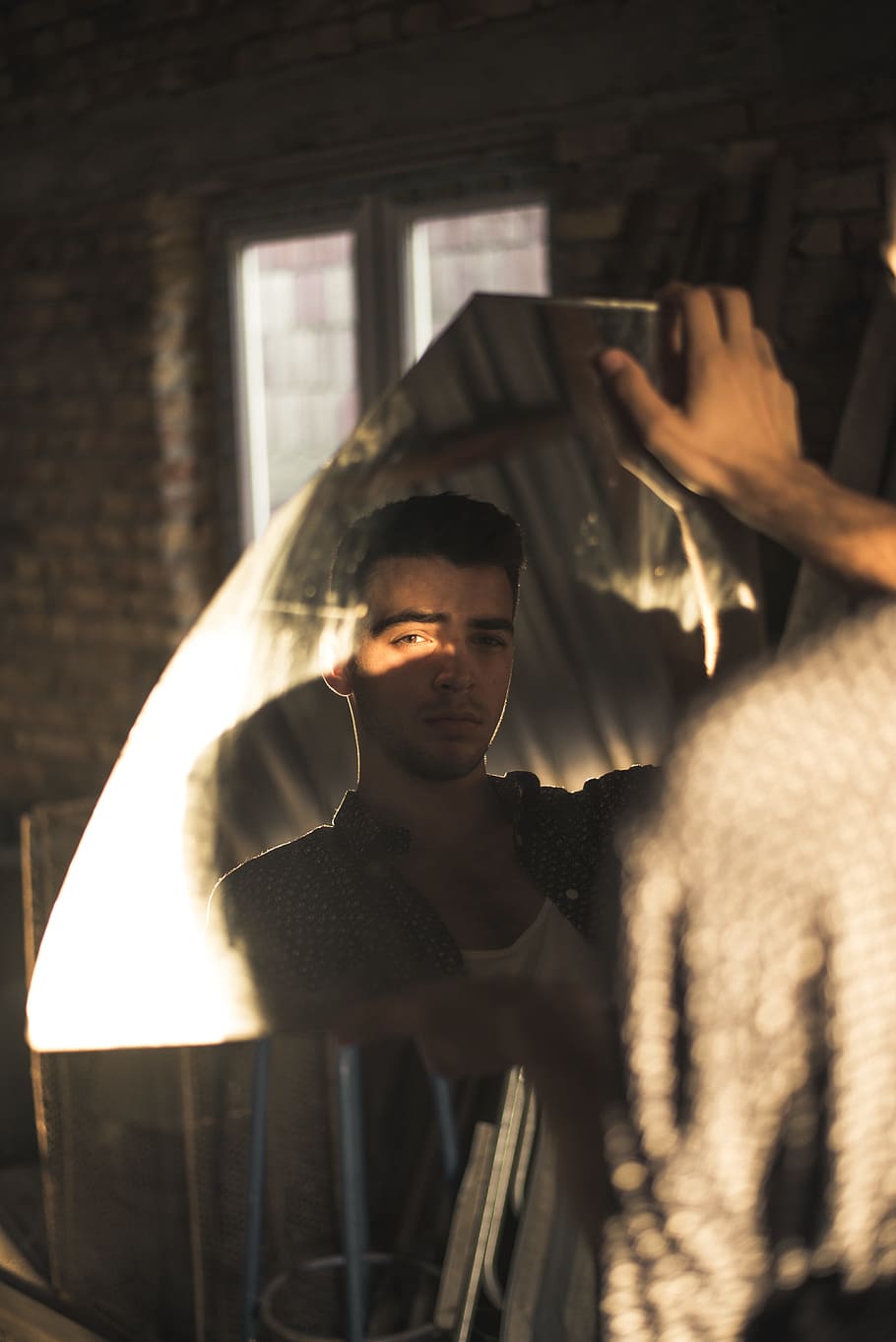 man facing direction of camera from broken mirror, male, hand, HD wallpaper