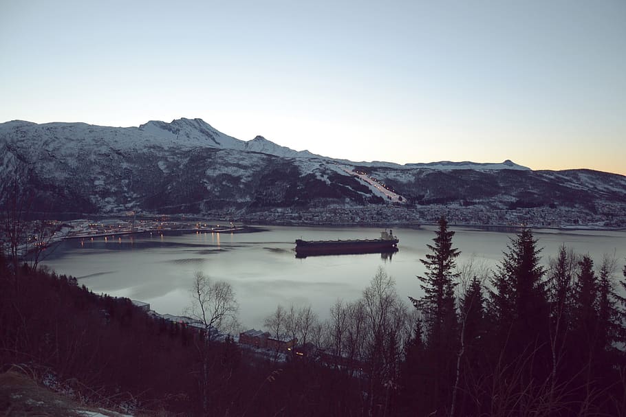 norway, narvik, sea, mountain, trees, snow, ship, water, sky