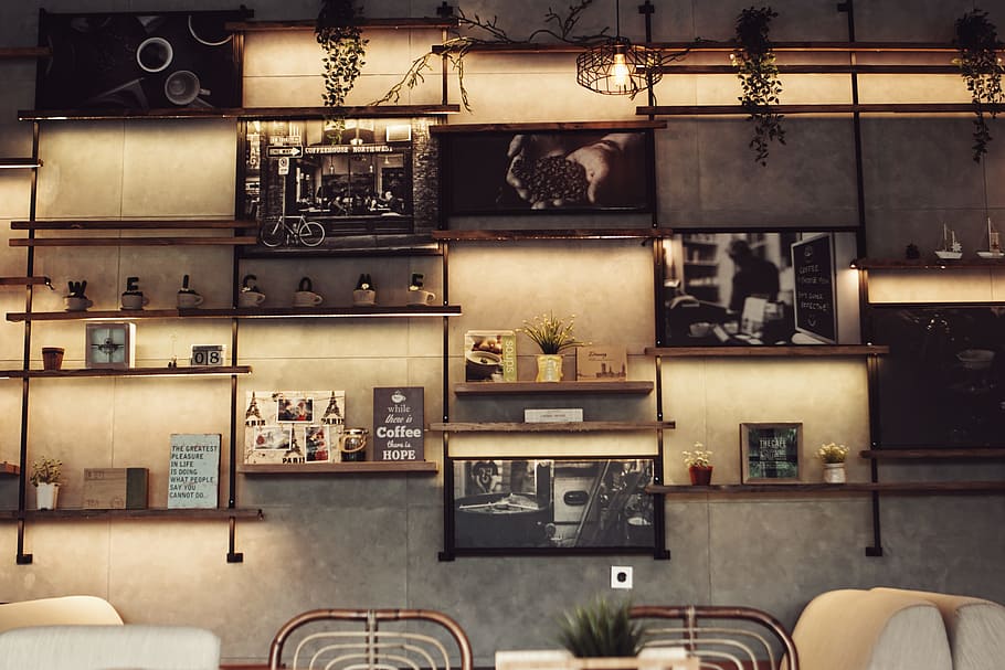 decor, coffee, shop, poster, art, design, photography, rustic HD wallpaper