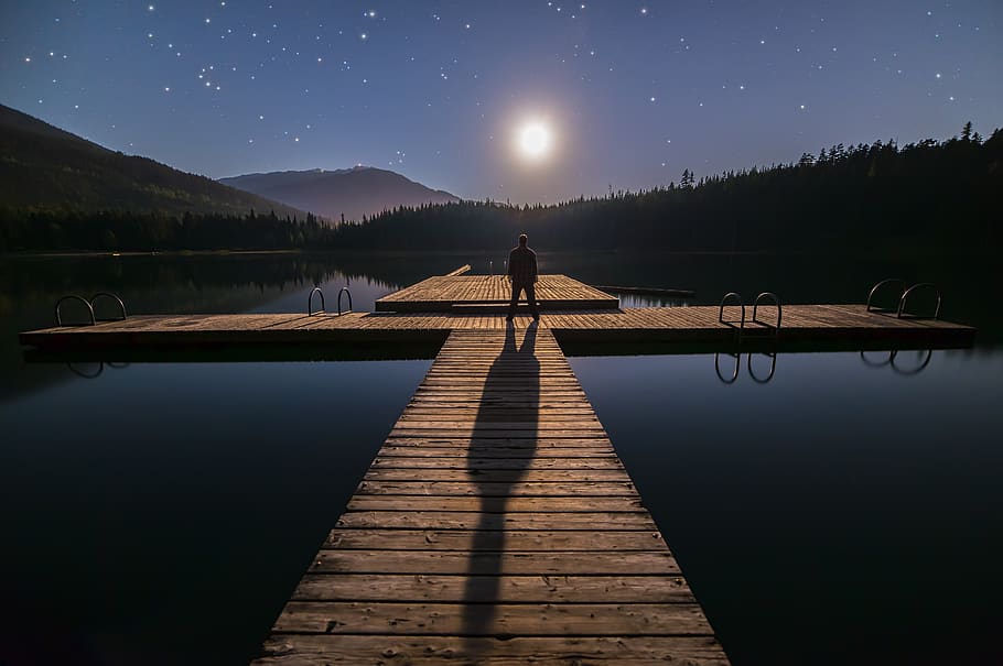 Silhouette of Person Standing on Bridge, blue, dark, dawn, dock HD wallpaper