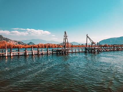 brown bridge, water, waterfront, dock, pier, port, nature, wave HD wallpaper