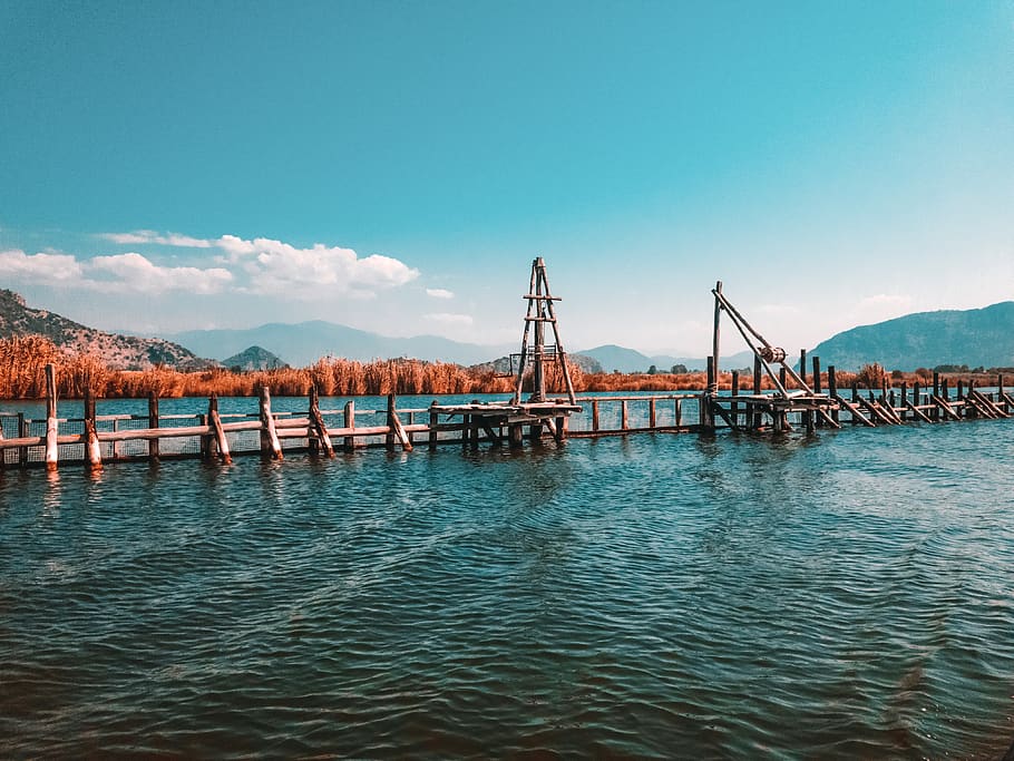 brown bridge, water, waterfront, dock, pier, port, nature, wave HD wallpaper