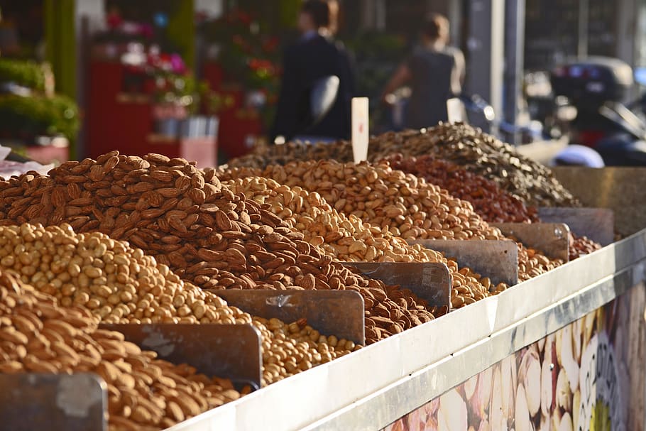 israel, tel aviv-yafo, market, outdoor market, almonds, marketplace, HD wallpaper
