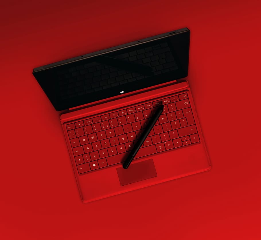 black pen on red laptop computer, surface, tablet, keyboard, graphic