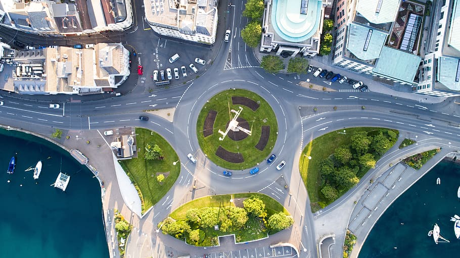 aerial, view, green, trees, plant, car, parking, lot, road HD wallpaper