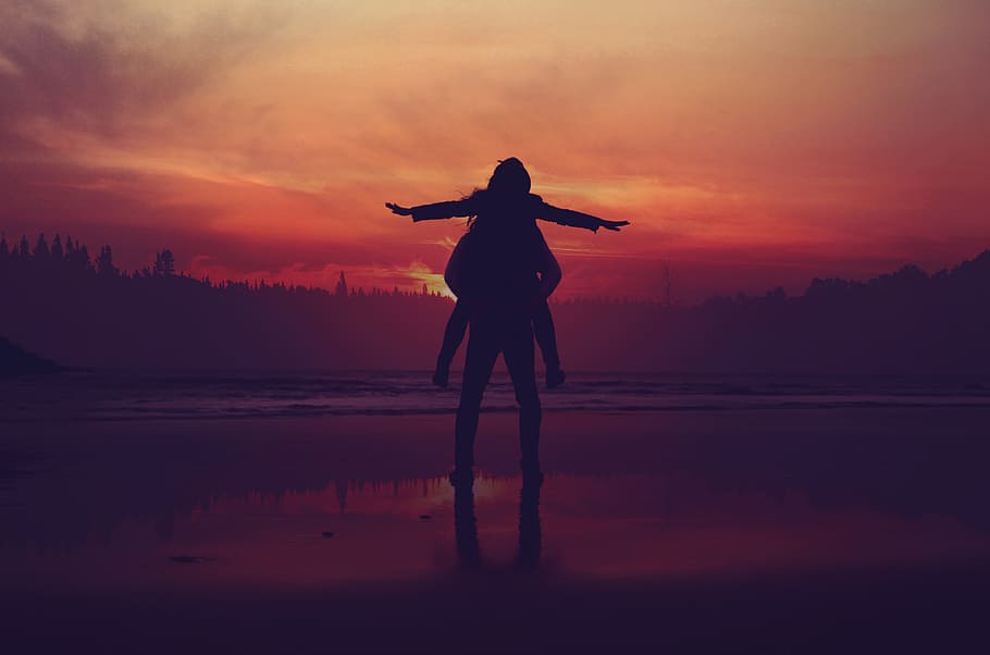 people, back, silhouette, sunset, outdoor, clouds, sky, beach HD wallpaper