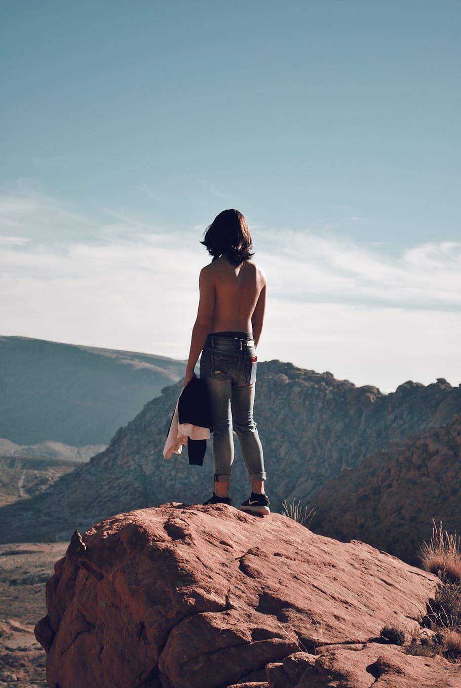 man standing on mountain peak, human, person, outdoors, nature HD wallpaper