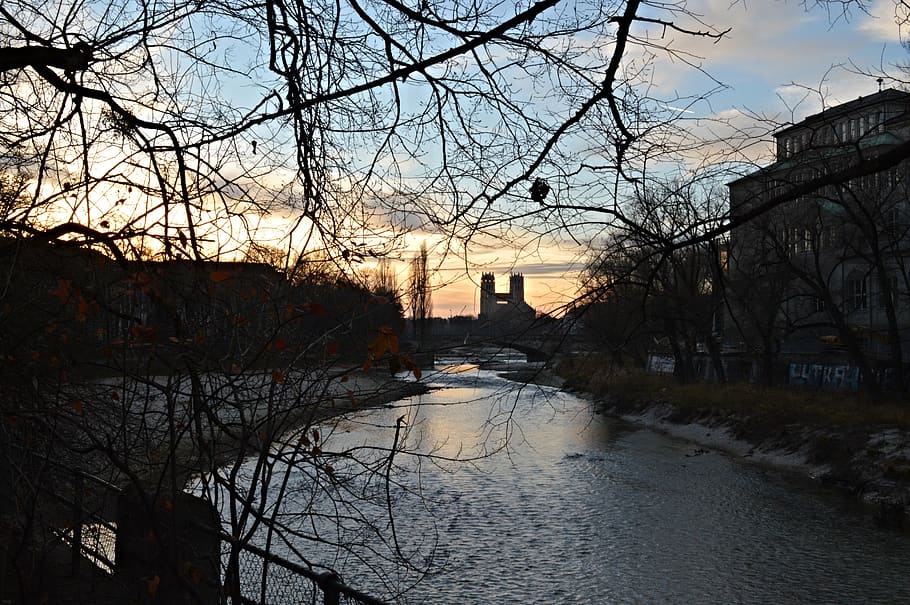 germany, munich, city, river, urban, sunset, architecture, tree HD wallpaper