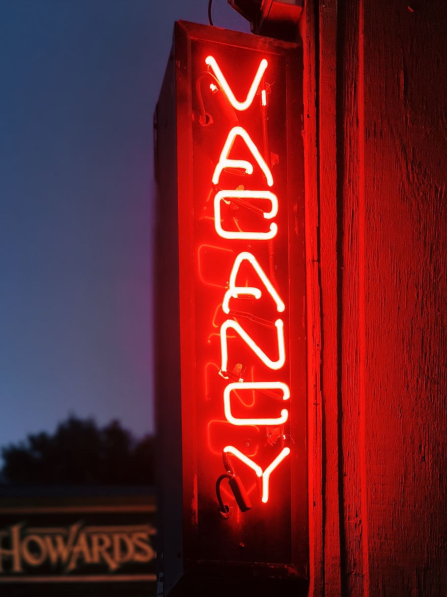 Vacancy neon signage, illuminated, text, communication, red, western script HD wallpaper